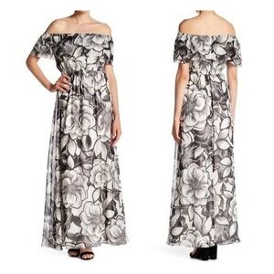 Eliza J Womens Size 0 Off the Shoulder Chiffon Maxi Dress Black White Floral